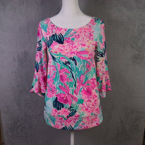 Lilly Pulitzer Tops - Lilly Pulitzer Fontaine Top Womens XS Pink Multicolor Floral 3/4 Sleeve Preppy